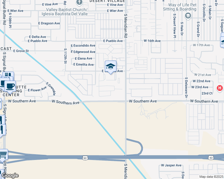 map of restaurants, bars, coffee shops, grocery stores, and more near 11510 East Flower Avenue in Mesa