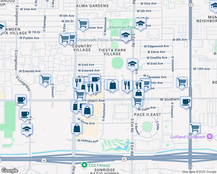 map of restaurants, bars, coffee shops, grocery stores, and more near 960 West Southern Avenue in Mesa