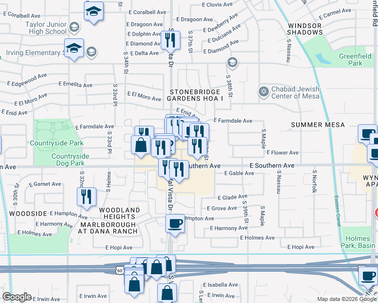 map of restaurants, bars, coffee shops, grocery stores, and more near 3622 East Southern Avenue in Mesa