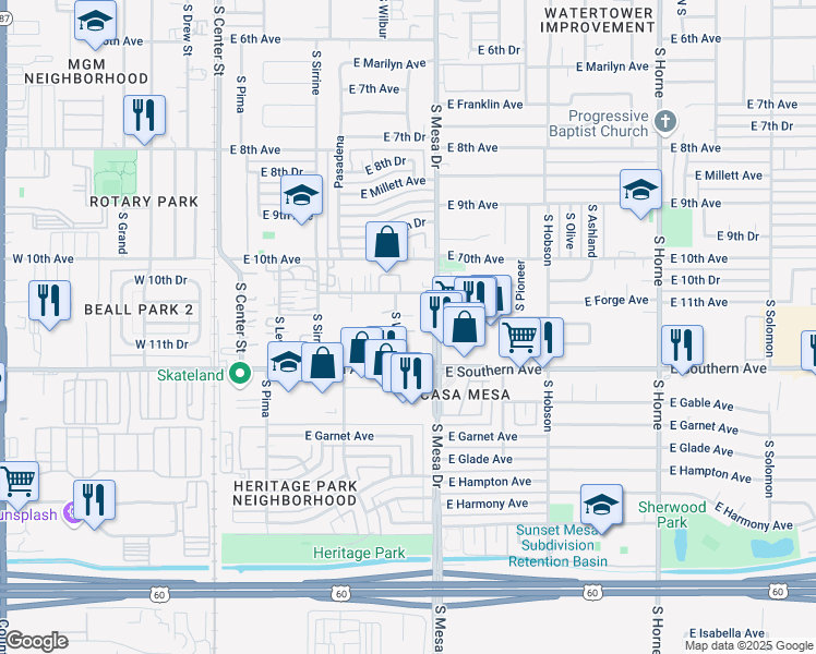 map of restaurants, bars, coffee shops, grocery stores, and more near 1126 South Mesa Drive in Mesa