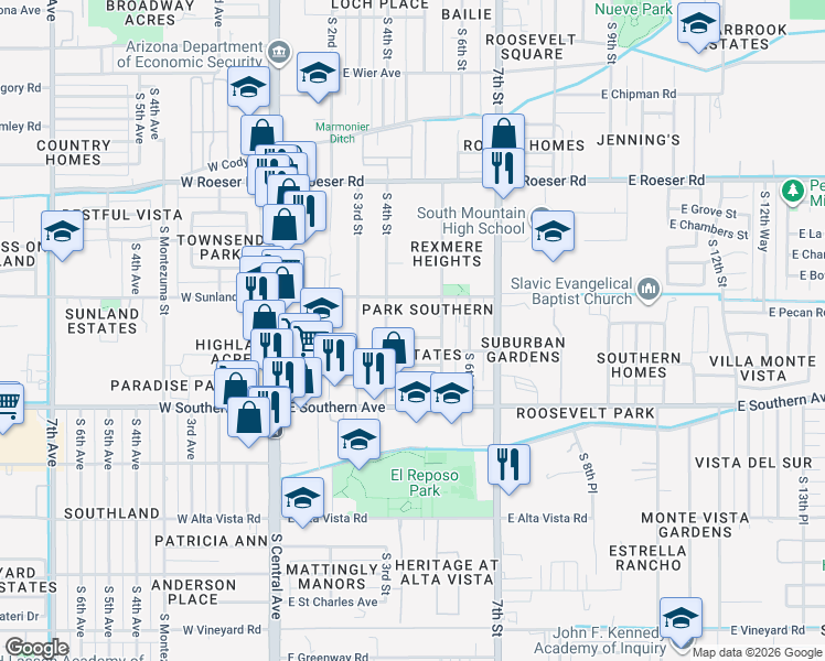 map of restaurants, bars, coffee shops, grocery stores, and more near 422 East Pecan Road in Phoenix