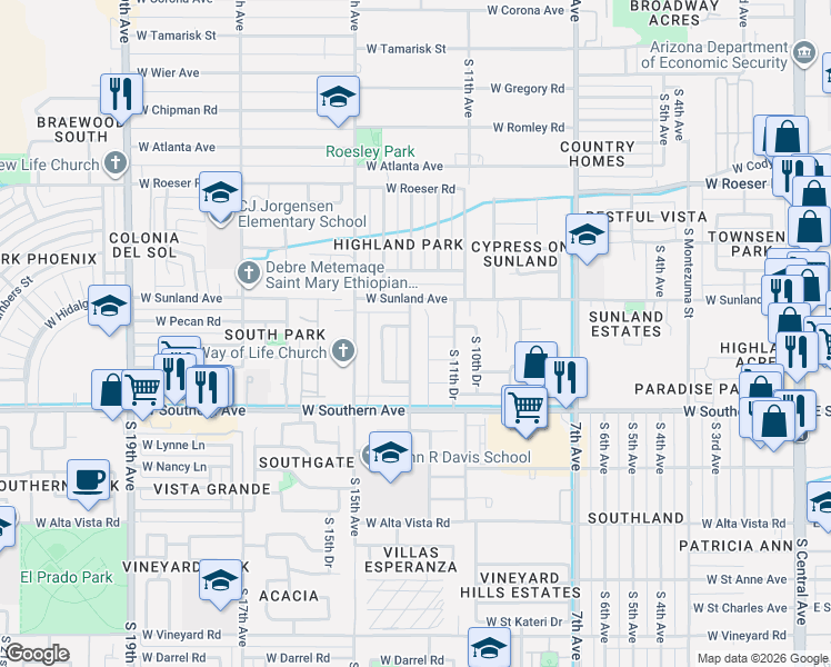 map of restaurants, bars, coffee shops, grocery stores, and more near 1125 West Sunland Avenue in Phoenix