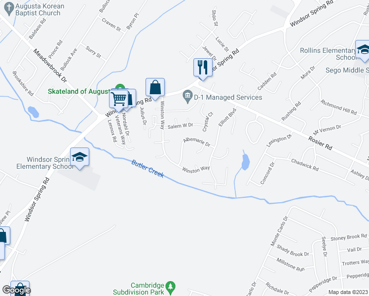 map of restaurants, bars, coffee shops, grocery stores, and more near 2218 Albemarle Drive in Augusta