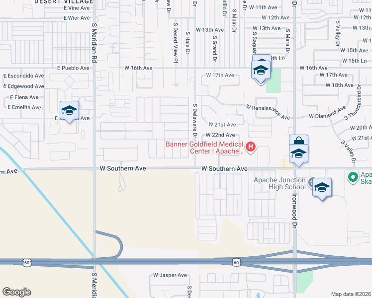 map of restaurants, bars, coffee shops, grocery stores, and more near 2101 South Meridian Road in Apache Junction