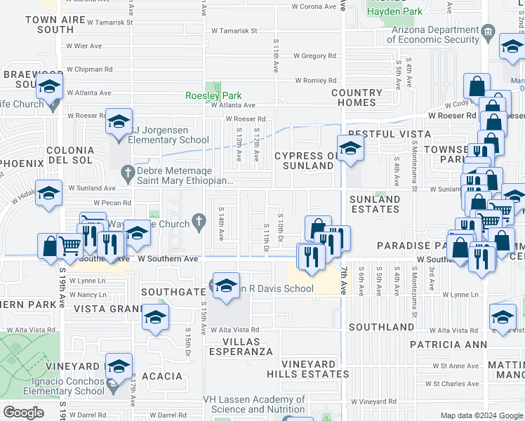 map of restaurants, bars, coffee shops, grocery stores, and more near 5628 South 11th Drive in Phoenix