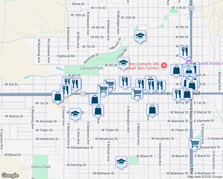 map of restaurants, bars, coffee shops, grocery stores, and more near 801 West 2nd Street in Roswell