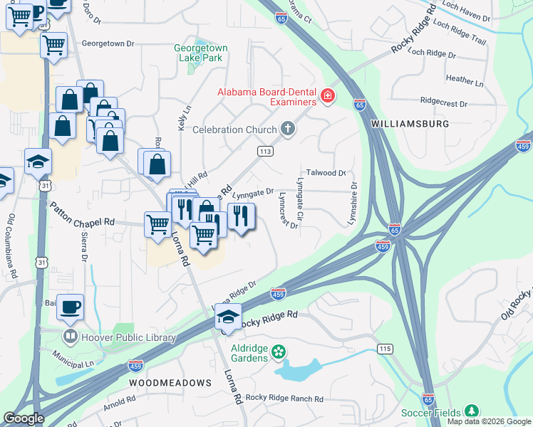 map of restaurants, bars, coffee shops, grocery stores, and more near 3525 Lorna Ridge Drive in Birmingham