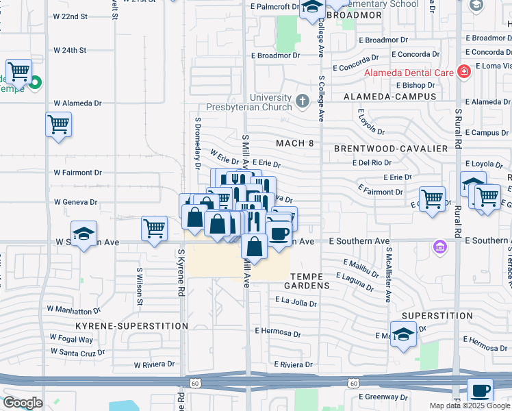 map of restaurants, bars, coffee shops, grocery stores, and more near 3117 South Mill Avenue in Tempe