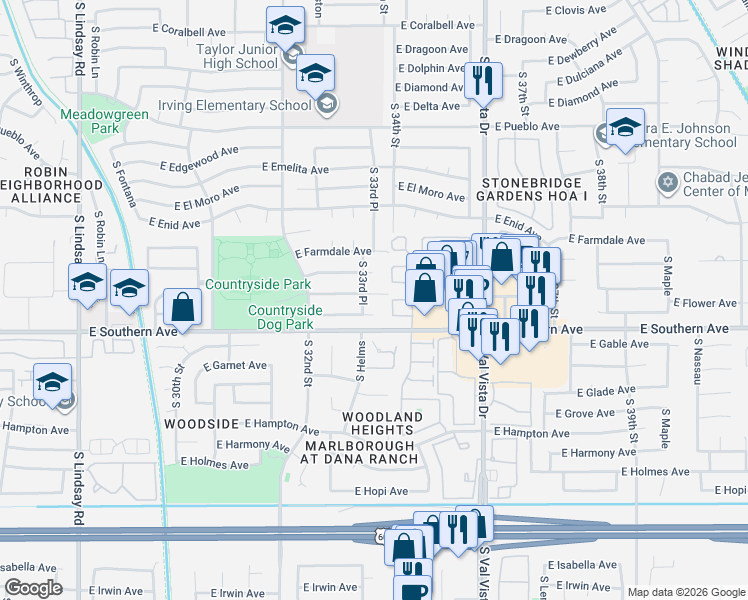 map of restaurants, bars, coffee shops, grocery stores, and more near 3348 East Flossmoor Avenue in Mesa