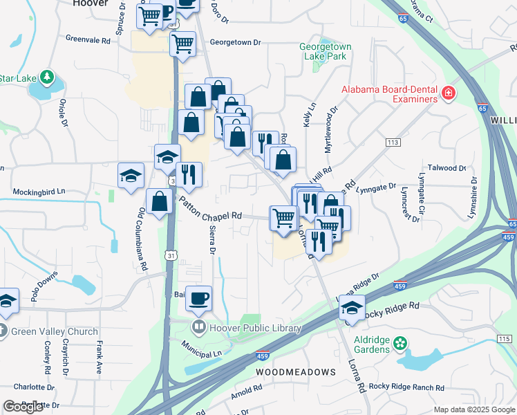 map of restaurants, bars, coffee shops, grocery stores, and more near 2060 Patton Chapel Road in Birmingham