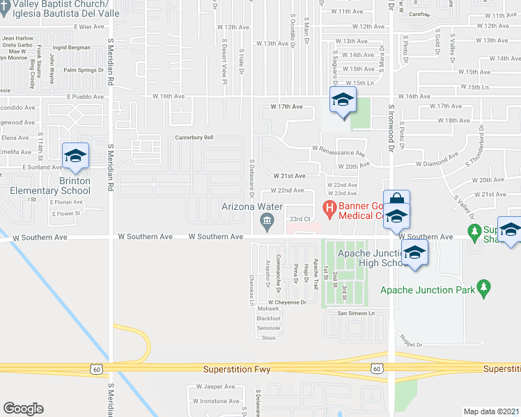 map of restaurants, bars, coffee shops, grocery stores, and more near 2357 West 23rd Avenue in Apache Junction