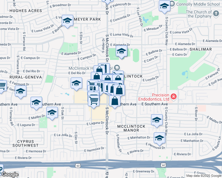 map of restaurants, bars, coffee shops, grocery stores, and more near 3141 South McClintock Drive in Tempe