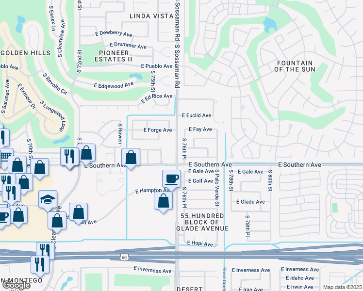 map of restaurants, bars, coffee shops, grocery stores, and more near 1126 South 76th Place in Mesa