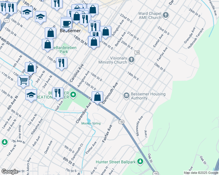 map of restaurants, bars, coffee shops, grocery stores, and more near 1522 Dartmouth Avenue in Bessemer