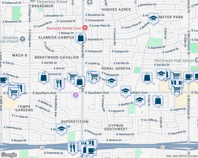 map of restaurants, bars, coffee shops, grocery stores, and more near 1039 East Geneva Drive in Tempe