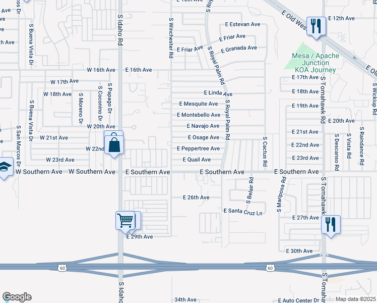 map of restaurants, bars, coffee shops, grocery stores, and more near 538 East Quail Avenue in Apache Junction