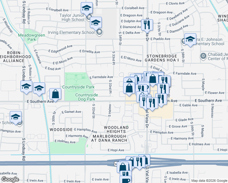 map of restaurants, bars, coffee shops, grocery stores, and more near 3348 East Flossmoor Avenue in Mesa