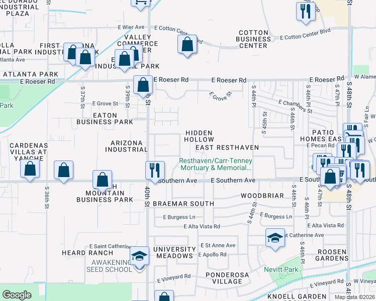 map of restaurants, bars, coffee shops, grocery stores, and more near 4155 East Wayland Road in Phoenix