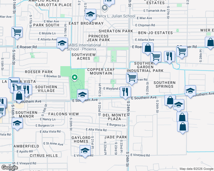 map of restaurants, bars, coffee shops, grocery stores, and more near 2226 East Wayland Drive in Phoenix