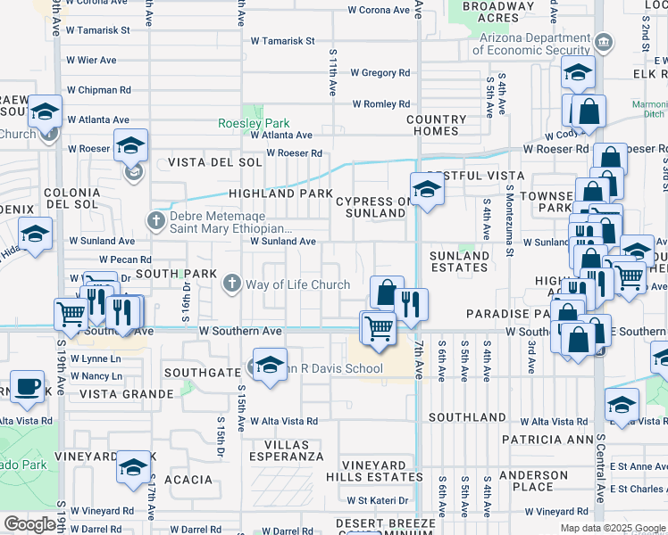 map of restaurants, bars, coffee shops, grocery stores, and more near 5634 South 10th Drive in Phoenix