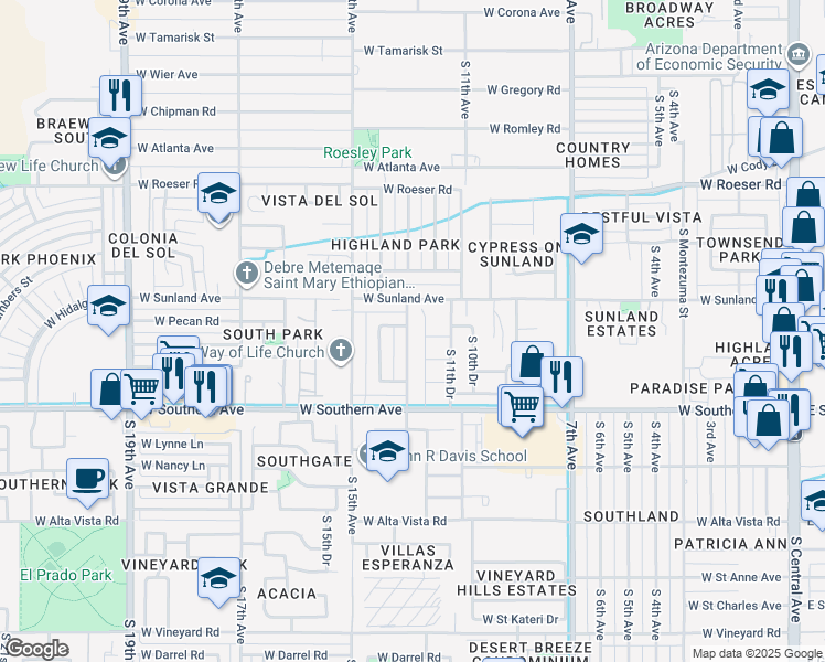 map of restaurants, bars, coffee shops, grocery stores, and more near 1125 West Sunland Avenue in Phoenix