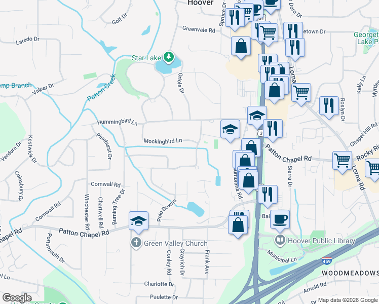 map of restaurants, bars, coffee shops, grocery stores, and more near 3312 Thornton Drive in Birmingham
