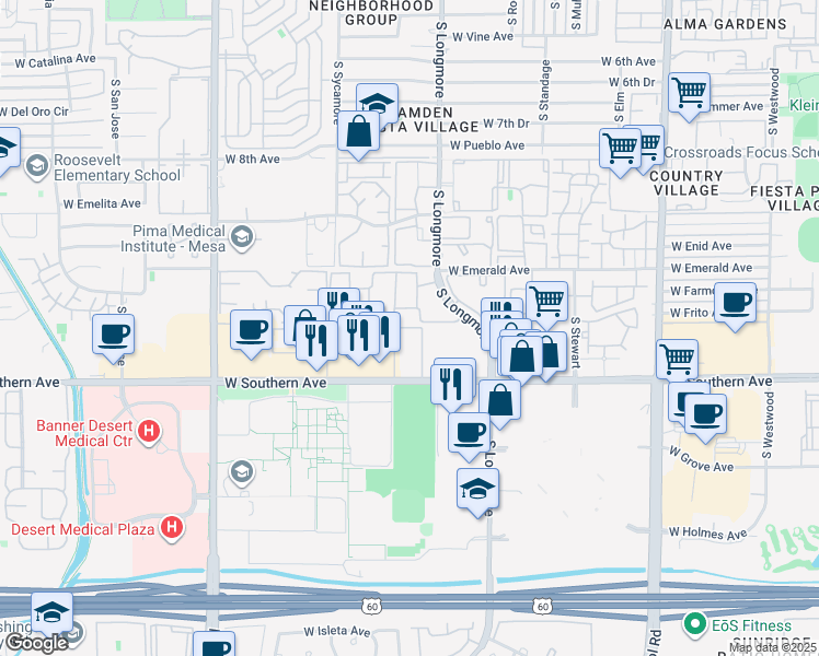 map of restaurants, bars, coffee shops, grocery stores, and more near 1620 West Southern Avenue in Mesa