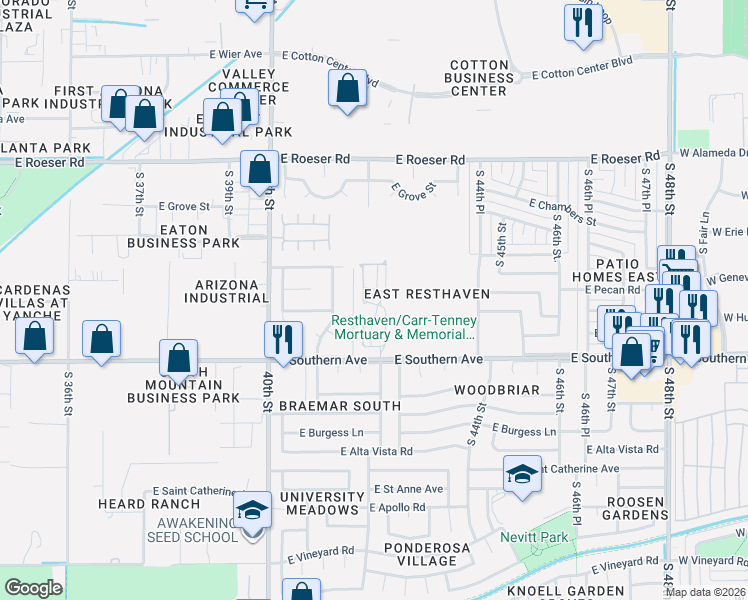 map of restaurants, bars, coffee shops, grocery stores, and more near 4155 East Wayland Road in Phoenix