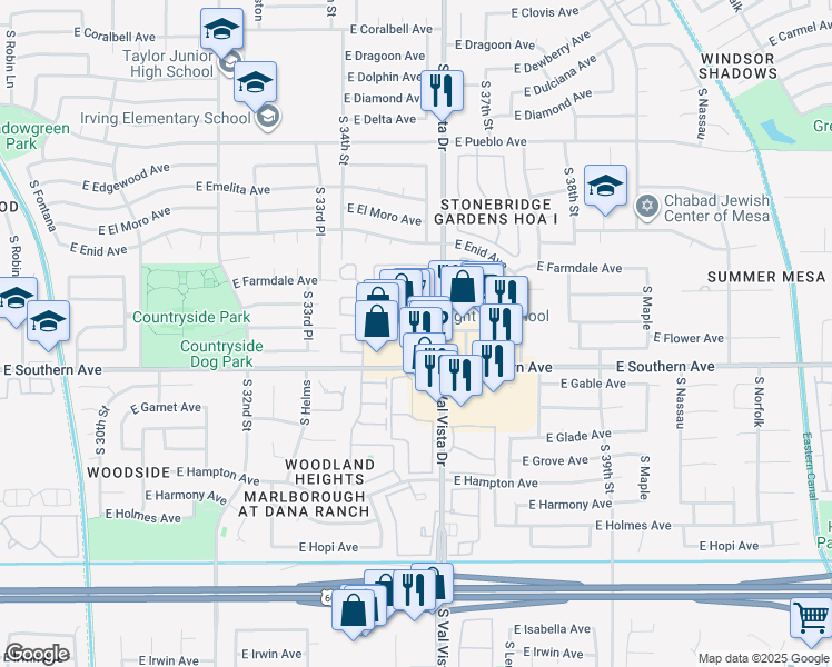 map of restaurants, bars, coffee shops, grocery stores, and more near 3520 East Southern Avenue in Mesa