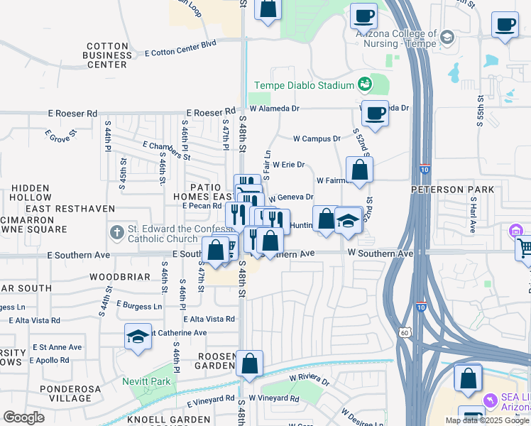 map of restaurants, bars, coffee shops, grocery stores, and more near 3202 South Fair Lane in Tempe