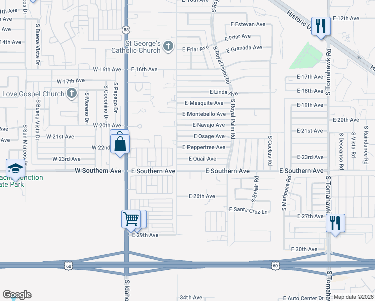map of restaurants, bars, coffee shops, grocery stores, and more near 467 East Peppertree Avenue in Apache Junction