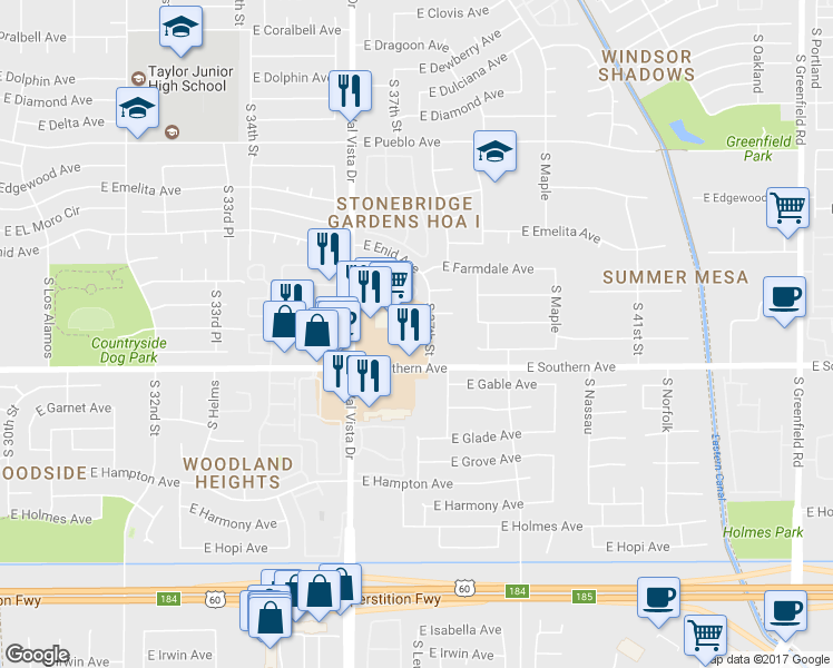 map of restaurants, bars, coffee shops, grocery stores, and more near 3630 East Southern Avenue in Mesa