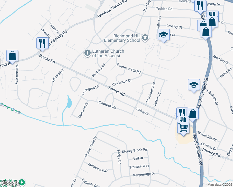map of restaurants, bars, coffee shops, grocery stores, and more near 3604 Kentwood Drive in Augusta