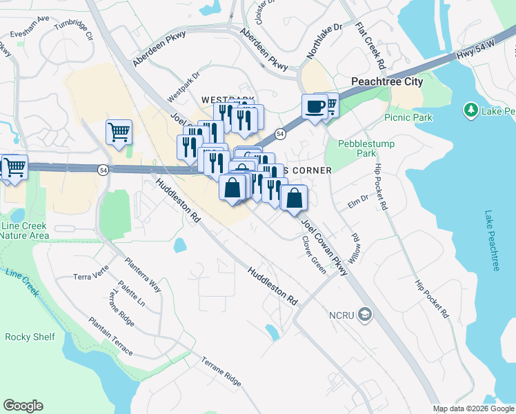 map of restaurants, bars, coffee shops, grocery stores, and more near 302 Clover Reach in Peachtree City