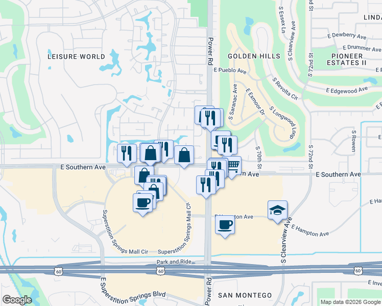 map of restaurants, bars, coffee shops, grocery stores, and more near 214 Leisure World in Mesa