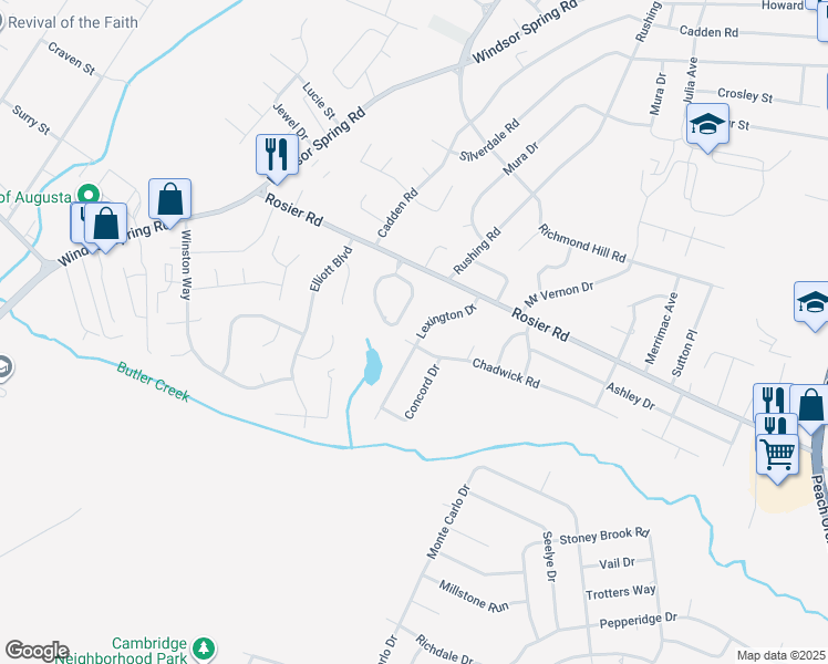 map of restaurants, bars, coffee shops, grocery stores, and more near 3621 Lexington Drive in Augusta