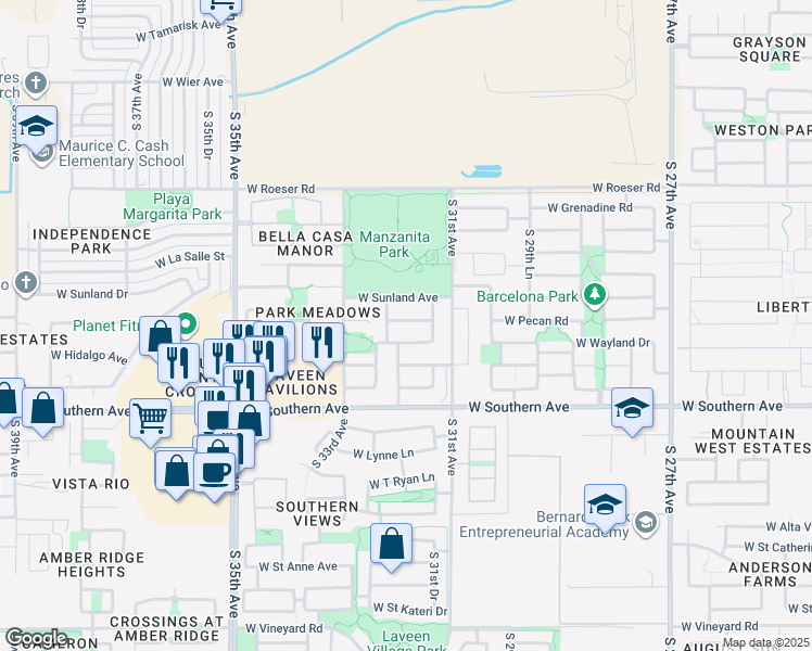 map of restaurants, bars, coffee shops, grocery stores, and more near 3139 West Pecan Road in Phoenix