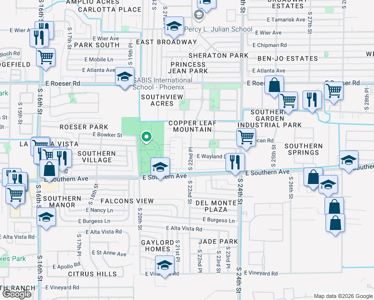 map of restaurants, bars, coffee shops, grocery stores, and more near 5631 South 21st Terrace in Phoenix