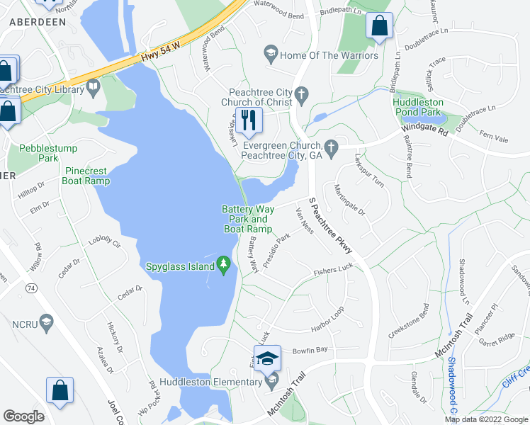 map of restaurants, bars, coffee shops, grocery stores, and more near 109 Battery Way in Peachtree City