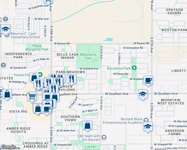 map of restaurants, bars, coffee shops, grocery stores, and more near 3127 West Pecan Road in Phoenix