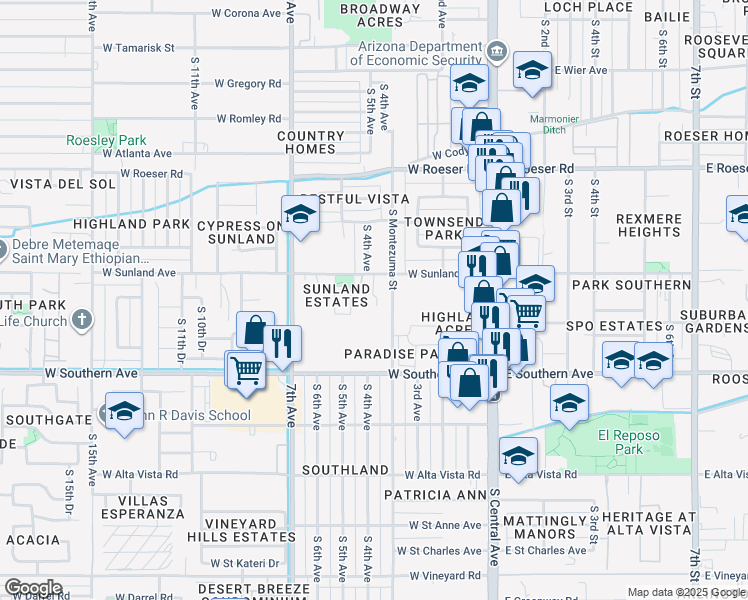 map of restaurants, bars, coffee shops, grocery stores, and more near 319 West Sunland Avenue in Phoenix