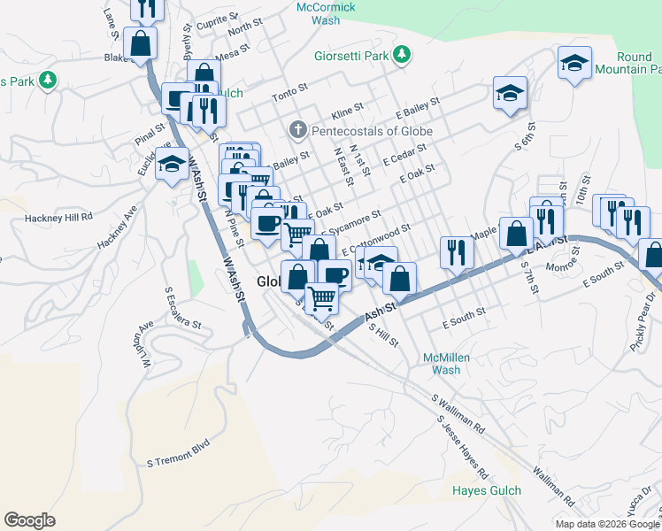 map of restaurants, bars, coffee shops, grocery stores, and more near 331 South Sutherland Street in Globe