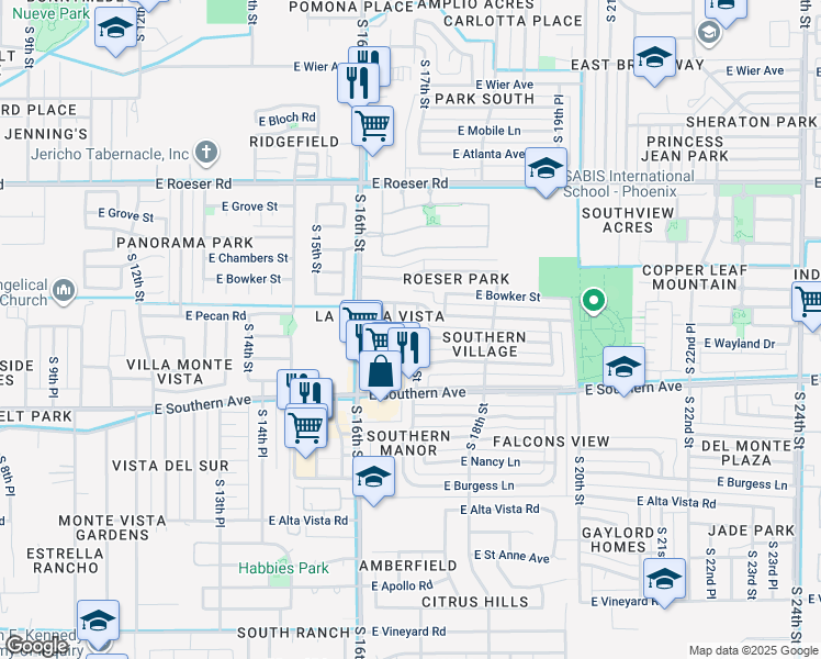 map of restaurants, bars, coffee shops, grocery stores, and more near 5633 South 16th Place in Phoenix
