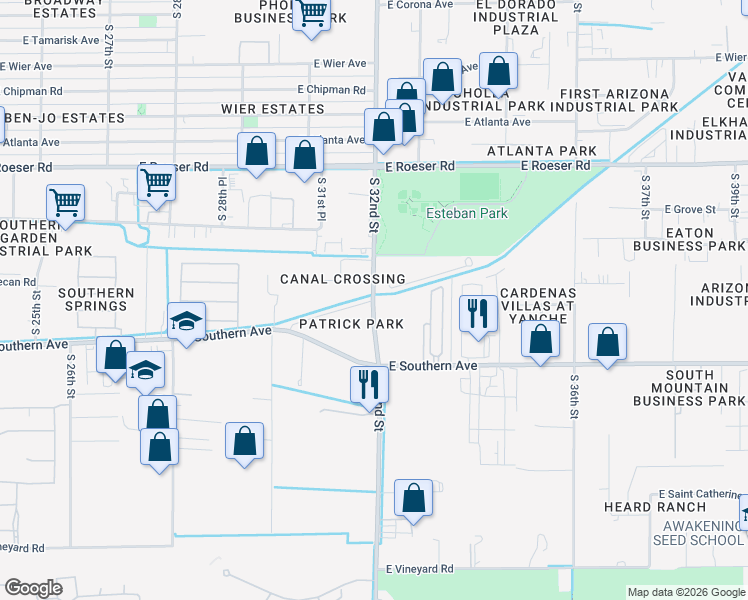 map of restaurants, bars, coffee shops, grocery stores, and more near S 32nd St & E Old Southern Ave in Phoenix