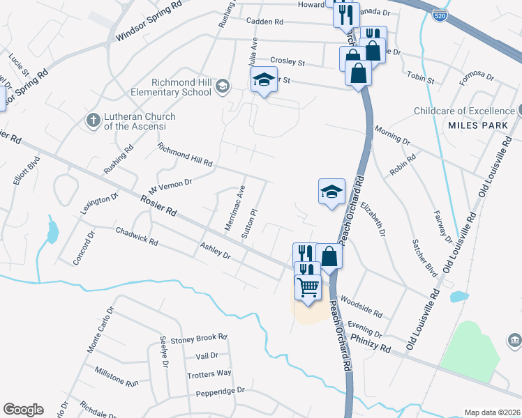 map of restaurants, bars, coffee shops, grocery stores, and more near 3416 Sutton Place in Augusta