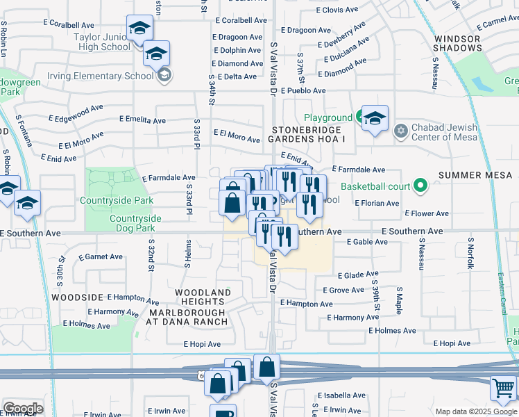 map of restaurants, bars, coffee shops, grocery stores, and more near 3520 East Southern Avenue in Mesa