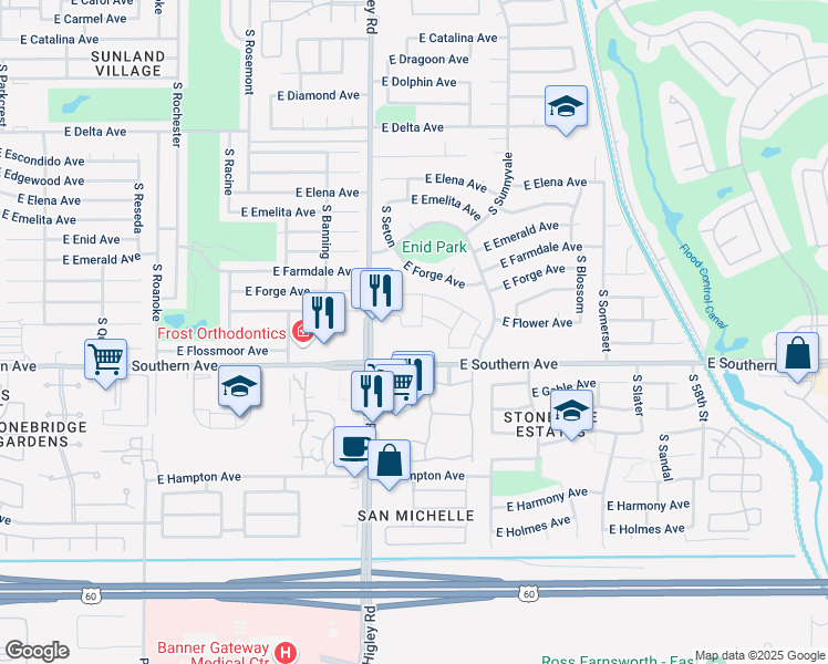 map of restaurants, bars, coffee shops, grocery stores, and more near 5257 East Flower Avenue in Mesa