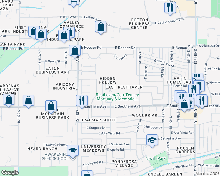 map of restaurants, bars, coffee shops, grocery stores, and more near 4155 East Wayland Road in Phoenix