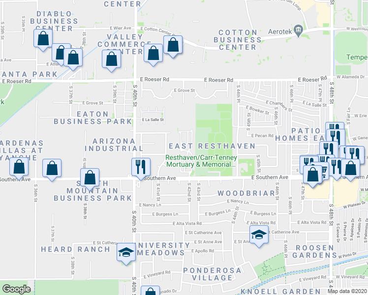 map of restaurants, bars, coffee shops, grocery stores, and more near 4155 East Wayland Road in Phoenix
