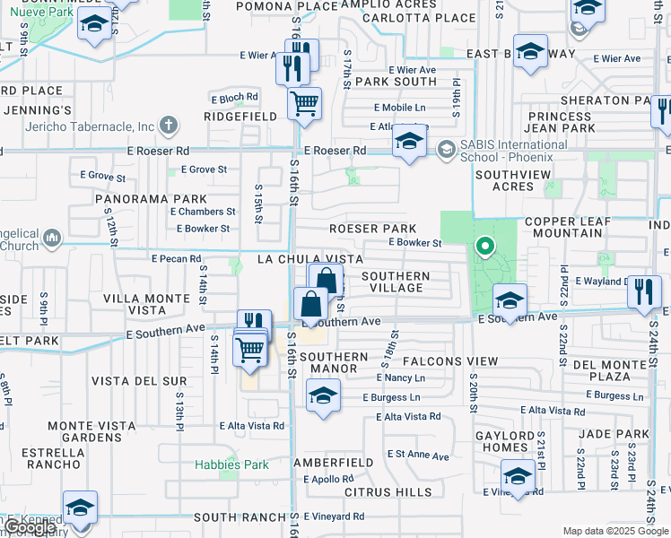 map of restaurants, bars, coffee shops, grocery stores, and more near 5633 South 16th Place in Phoenix